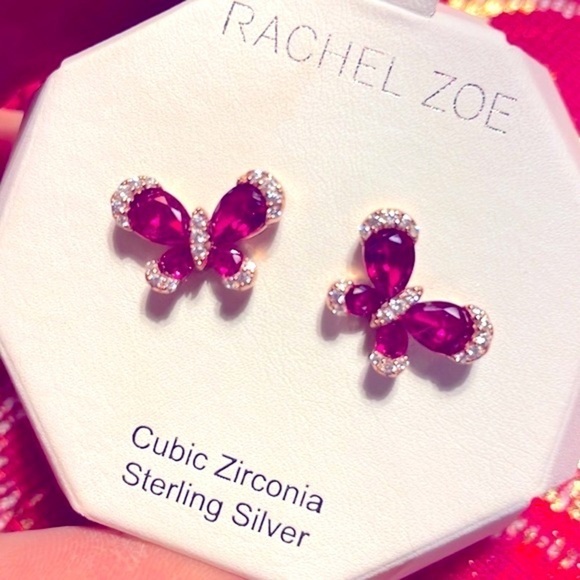 Brand New Rachel Zoe Sterling Silver Magenta Butterfly Post Earrings - Picture 8 of 12